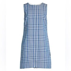 Theory Easy Checked Shift Dress Plaid Linen Blend Blue/White Sleeveless 4 NWOT